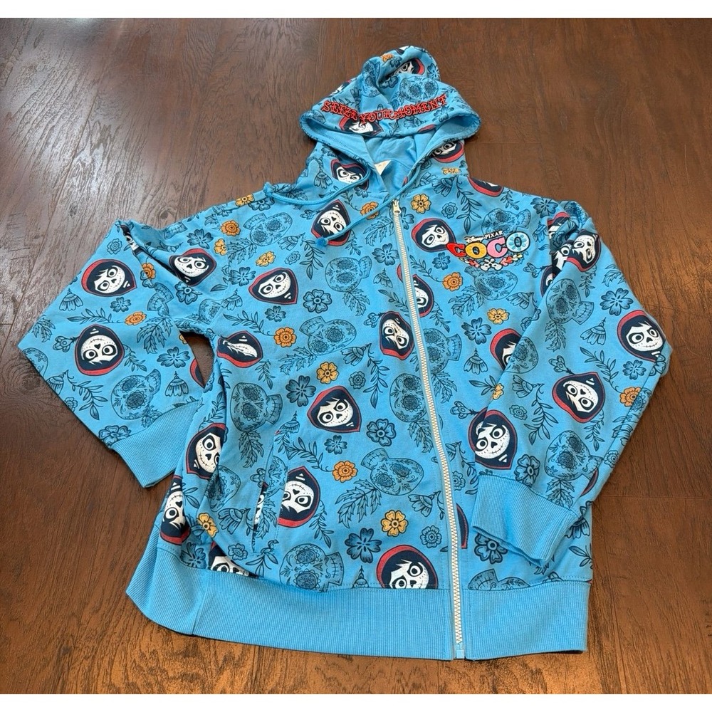 Disney Hoodie Full Zip Blue Coco Miguel Skull Embroidered Adult small